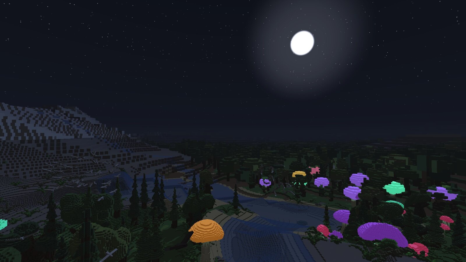 A voxel forest at night, lit by glowing mushroom caps, with birds over the canopy.